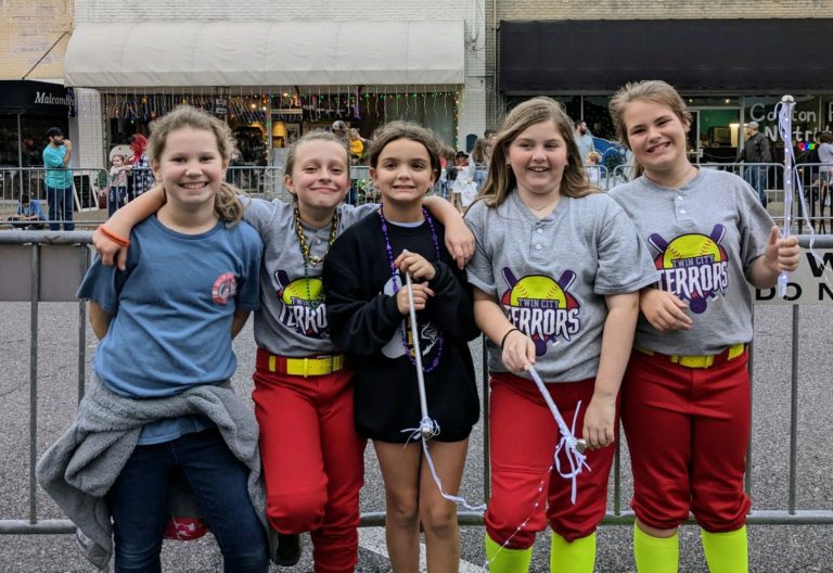10U Players From Left to Right, Abby R, Avery S, Izzy A, Shelby S, and Paizlee K at the 2022 Christmas Parade in Monroe, LA